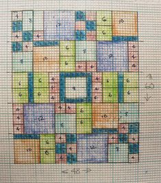 a drawing of a square with numbers and squares on the bottom, in different colors