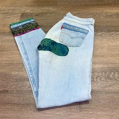 Beautiful Reworked Jeans Fits Like 29” Button Fly Enclosurer Reworked Jeans, Jeans Fits, Levi's Jeans, Vintage Levis, Levis Jeans, Jeans Fit, Levi's, Blue Green, Straight Leg