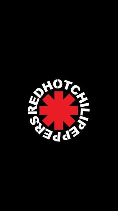 the red hot chili peppers logo is shown on a black background with white lettering that reads,