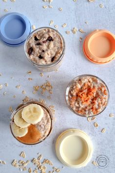 oatmeal with bananas, raisins and peanut butter in small bowls