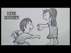 a drawing of a boy and girl with pencils in their hands that says pencil sketching