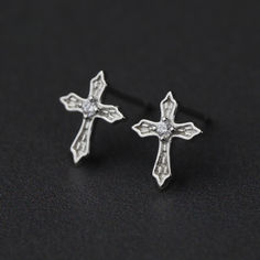 Sterling silver gothic cross stud earrings with tiny crystal details. Ornate Cross, Cross Stud Earrings, Gothic Cross, Cross Earrings Studs, Cross Earrings