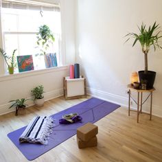 there is a yoga mat on the floor next to a potted plant