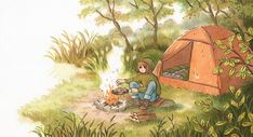 a drawing of a person sitting in front of a campfire with a tent on the ground