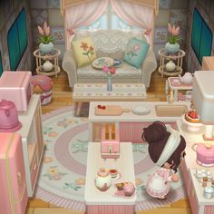 a living room filled with furniture and lots of pink decor on top of a rug