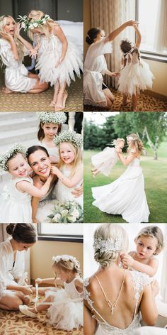 the bride and her flower girls are getting ready for their wedding