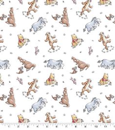 winnie the pooh and friends tossed together on white cotton fabric by rileys fabrics