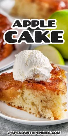 a piece of apple cake on a plate with whipped cream