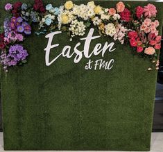 a sign with flowers on it that says easter at finc