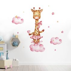 a giraffe standing on top of pink clouds with stars and hearts in the sky