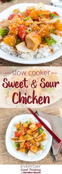 slow cooker sweet and sour chicken on rice with chopsticks next to it