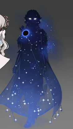 an anime character is standing in front of a black hole with stars on the background