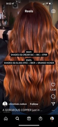 Shades Eq Toner Formulas For Orange, How To Make Copper Hair Color, Redken Shades Eq Formula Copper, Redken Dark Copper Hair Formulas, Redken Orange Formula, Copper Color Melt Hair, Copper With Root Smudge, Auburn To Copper Balayage, Orange Hair Color With Highlights