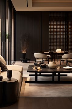 a living room filled with furniture next to a tall glass window covered in bamboo blinds