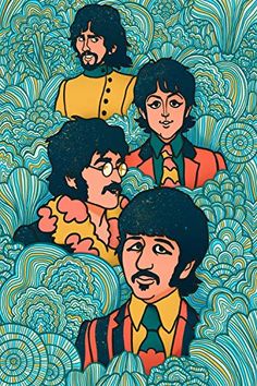 the beatles are depicted in this psychedelicly colored drawing by artist mark stewart, who has been