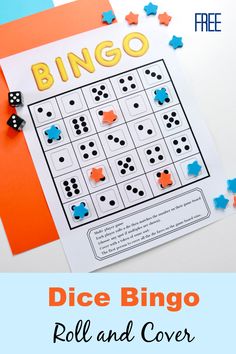 dice bingo roll and cover game for kids to play on the table with text overlay