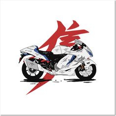 a drawing of a white motorcycle with red and blue stripes on the front wheel drive