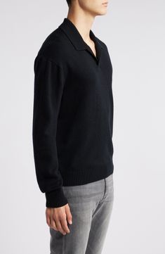 An open johnny collar relaxes the aesthetic of this sweater knit from wool yarns enriched with silk in a weight that gives this style a refined drape. 25" length (size Medium) Johnny collar Long sleeves with ribbed cuffs 90% wool, 10% silk Dry clean Imported Black V-neck Sweater For Formal Occasions, Wool V-neck Polo Sweater For Fall, Cashmere Polo Sweater With V-neck And Ribbed Collar, Classic Black Wool V-neck Sweater, V-neck Wool Polo Sweater With Ribbed Collar, Wool V-neck Polo Sweater With Ribbed Collar, Elegant V-neck Knit Polo Sweater, Elegant Polo Sweater With Johnny Collar For Fall, Elegant Fall Polo Sweater With Johnny Collar