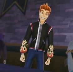 an animated image of a man in a black jacket and blue pants with his hands on his hips