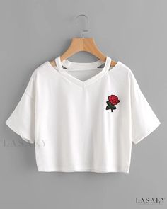 Lasaky - Elegant Enchanted Rose Embroidered T-shirt Cotton V-neck T-shirt With Floral Embroidery, Casual V-neck T-shirt With Floral Embroidery, Embroidered V-neck T-shirt For Summer, Summer Floral Embroidered V-neck T-shirt, V-neck Cotton T-shirt With Floral Embroidery, Floral Embroidered Cotton V-neck T-shirt, Áo Crop Top, Embroidered Rose, Kleidung Diy