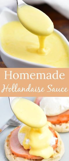 homemade hollandaise sauce is being drizzled over an english muffin