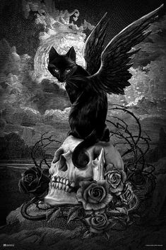 a black cat sitting on top of a skull with wings and roses in front of a full moon