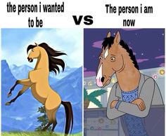 two cartoon pictures one with a horse and the other with a pony