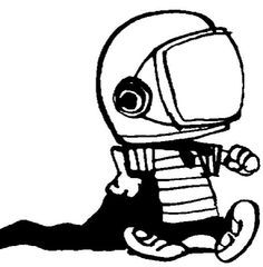 a black and white drawing of a robot sitting on the ground