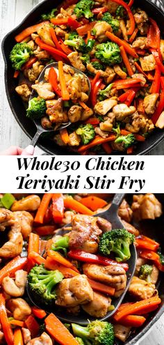 chicken and veggies stir fry in a skillet