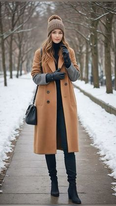 Winter Brown Coat Outfit, Autumn Outfits Beige Coat, Classy Beanie Outfit, Brown Long Coat Outfit Winter Style, Winter Outfit Knee High Boots, Long Brown Coat Outfit Casual, Manali Winter Outfits, Winter In San Francisco Outfits, Winter Outfits New York City Chic