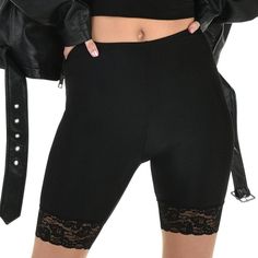 A wardrobe basic our black lace hem bike shorts pair with so many looks and costumes. They're knit mid-thigh shorts with lace trim on the bottom and a high waist. pbAdult Black Lace Hem Bike Shorts product details:-b-p ul liKnit: 88% polyester and 12% spandex-li liLace: 88% nylon and 12% spandex-li liReview the size chart for sizing information-li -ul pbCare Instructions:-b-p ul liHand wash cold with like colors-li liLine dry-li liDo not bleach or iron-li -ul Fitted Casual Shorts With Lace Trim, High Stretch Black Shorts For Spring, Black Stretch Shorts With Lace Trim, Black Short Bottoms With Lace Trim, Black Lace Trim Short Bottoms, Black Bottoms With Lace Trim, Stretch Mid-thigh Bottoms With Lace Trim, Stretch Mid-thigh Length Bottoms With Lace Trim, Stretch Lace Trim Mid-thigh Bottoms