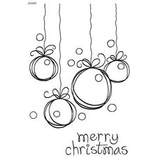 christmas balls hanging from strings with the words merry christmas written on them in black and white