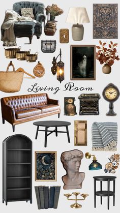 living room collage with furniture and decor items in black, white, gold and blue