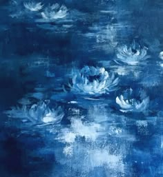 an abstract painting of water lillies in blue