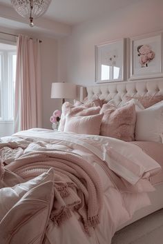 a bed with pink comforters and pillows in a bedroom