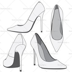 four different high heeled shoes in white and grey colors, with the upper part showing