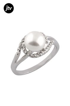 7.5-8mm white button cultured freshwater pearl and cubic zirconia rhodium over sterling silver center design ring. Measures approximately 1 1/4"L X 3/4"W. Not sizeable. Yellow Pearl, Mixed Metal Jewelry, Moissanite Necklace, Yellow Gemstones, Diamond Bracelets, Turquoise Gemstone, Diamond Rings, Shop Earrings, Ring Shopping