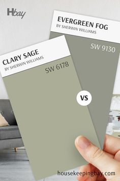 The image shows two Sherwin Williams paint swatches being compared. The swatch on the left is labeled "Clary Sage" with the code SW 6178, while the swatch on the right is labeled "Evergreen Fog" with the code SW 9130. Both are shades of muted green, with Clary Sage appearing as a lighter and warmer green compared to the more subdued and slightly gray-toned Evergreen Fog. Between the two swatches, there is a white circle with "VS" indicating a comparison. Evergreen Fog Vs Clary Sage, Evergreen Fog, Different Vibes, Sage Kitchen, Kitchen Refresh, Interior Paint Colors, Clary Sage, It Is Well, Paint Colors For Home