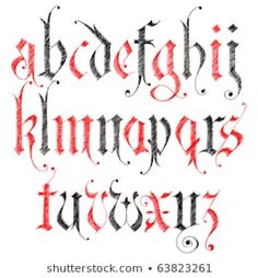 an old english alphabet with red ink