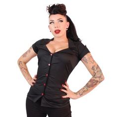 Fitted Short Sleeve Black Shirt With Buttons, Fitted Short Sleeve Shirt With Buttons, Black Retro Top With Buttons, Retro Black Tops With Buttons, Retro Black Button-up Blouse, Black Retro Tops With Buttons, Retro Fitted Buttoned Top, Retro Black Tops With Button Closure, Retro Short Sleeve Shirt With Button Closure