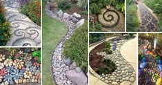 several pictures of different types of rocks and stones in the garden, including one with a spiral design on it