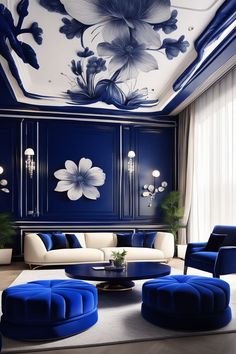 a living room with blue and white decor on the walls, couches and chairs