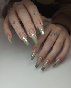 Green Dainty Nails, Elegant Emerald Green Nails, Green And Gold Nails Coffin, Nude Nails With Green Design, Army Green And Pink Nails, Jade Colored Nails, Light Green Nails Coffin, Green And Nude Nail Designs, Dark Green And Brown Nails