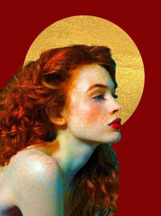 a woman with red hair and freckles on her body is looking to the side