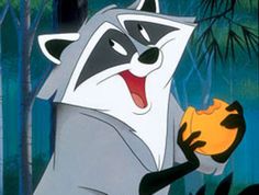 the racoon from disney's animated movie is holding an orange object in his hand