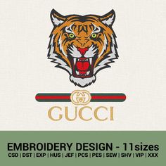 the embroidery design for gucci's tiger head is shown in gold and green