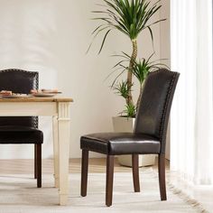 a dining room table with two chairs and a potted plant