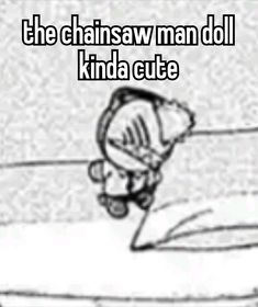 the chainsaw man doll kinda cute is holding onto his head and looking down at him