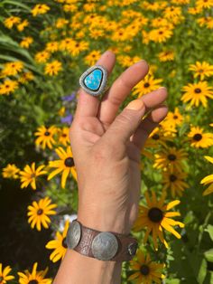 Amazing Navajo ring with Sonoran blue turquoise and sterling silver on a heavy duty size 7 band. Sterling Silver Turquoise Concho Ring, Untreated Blue Turquoise Western Ring, Western Style Blue Turquoise Sterling Silver Ring, Western Style Blue Turquoise Ring In Sterling Silver, Western Style Stamped 925 Turquoise Ring, Western Style Blue Turquoise Ring With Inlay, Navajo Ring, Navajo Rings, Blue Turquoise