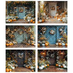 four different pictures of pumpkins and flowers in front of a blue door with two wreaths on it